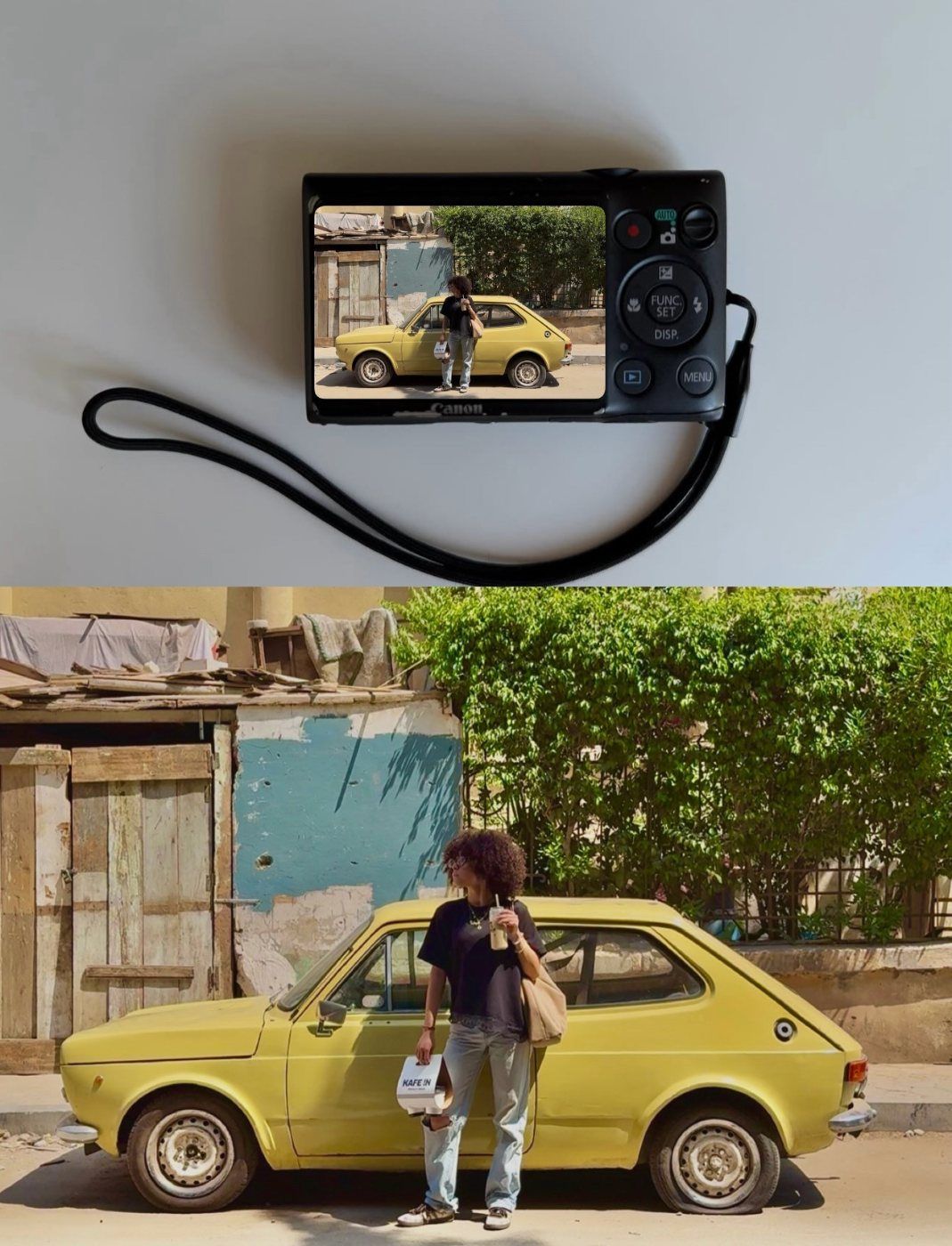 A small digital camera showing a yellow Fiat 127 parked on a Cairo street