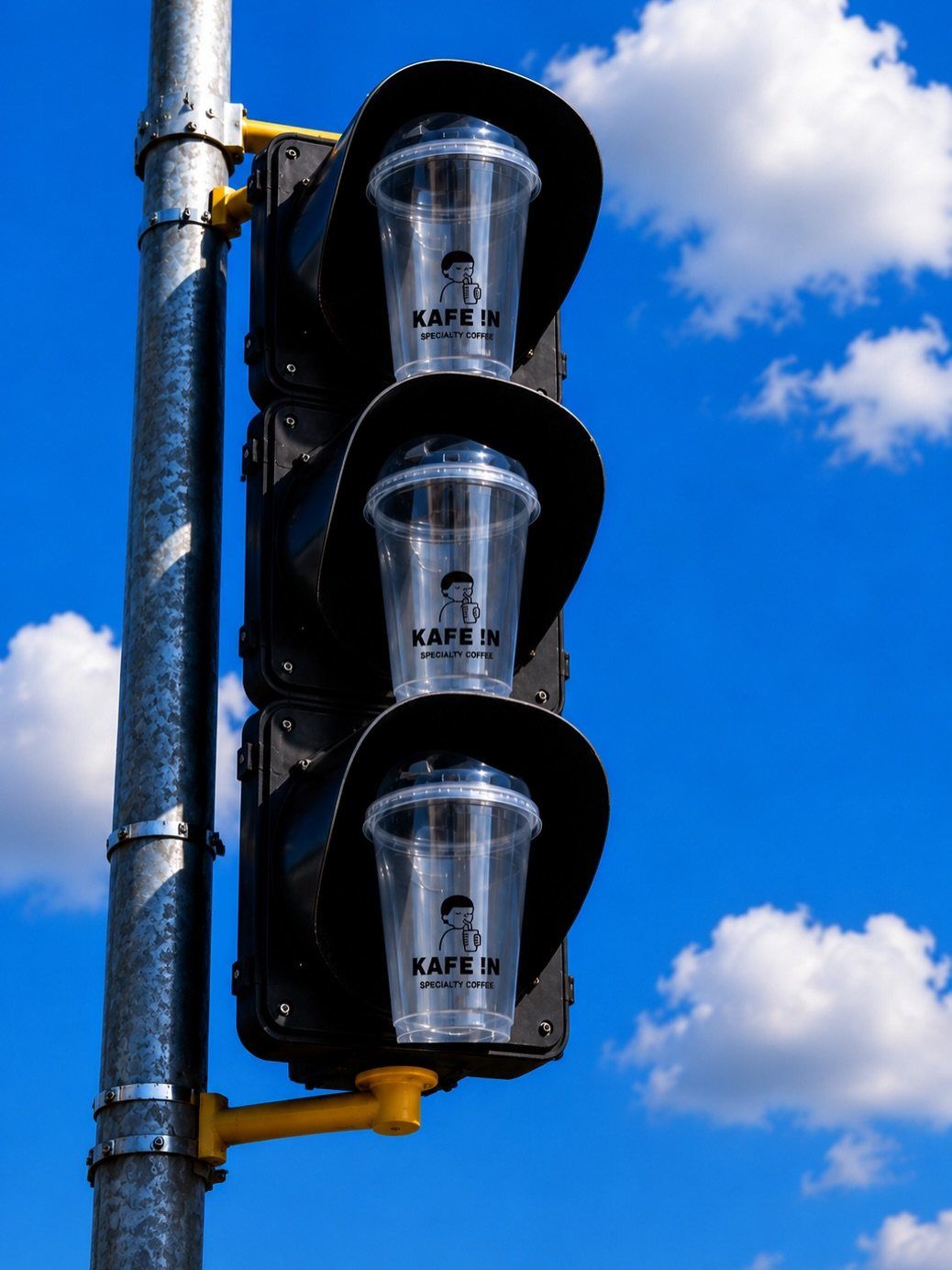 Three KAFE !N iced cups sitting in a street traffic light against a blue sky